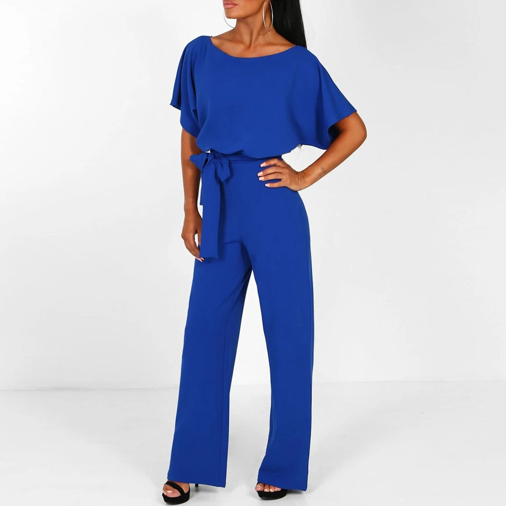 Elegant Ladies' Jumpsuit with Short Sleeves and Waist Belt for Comfortable and Stylish
