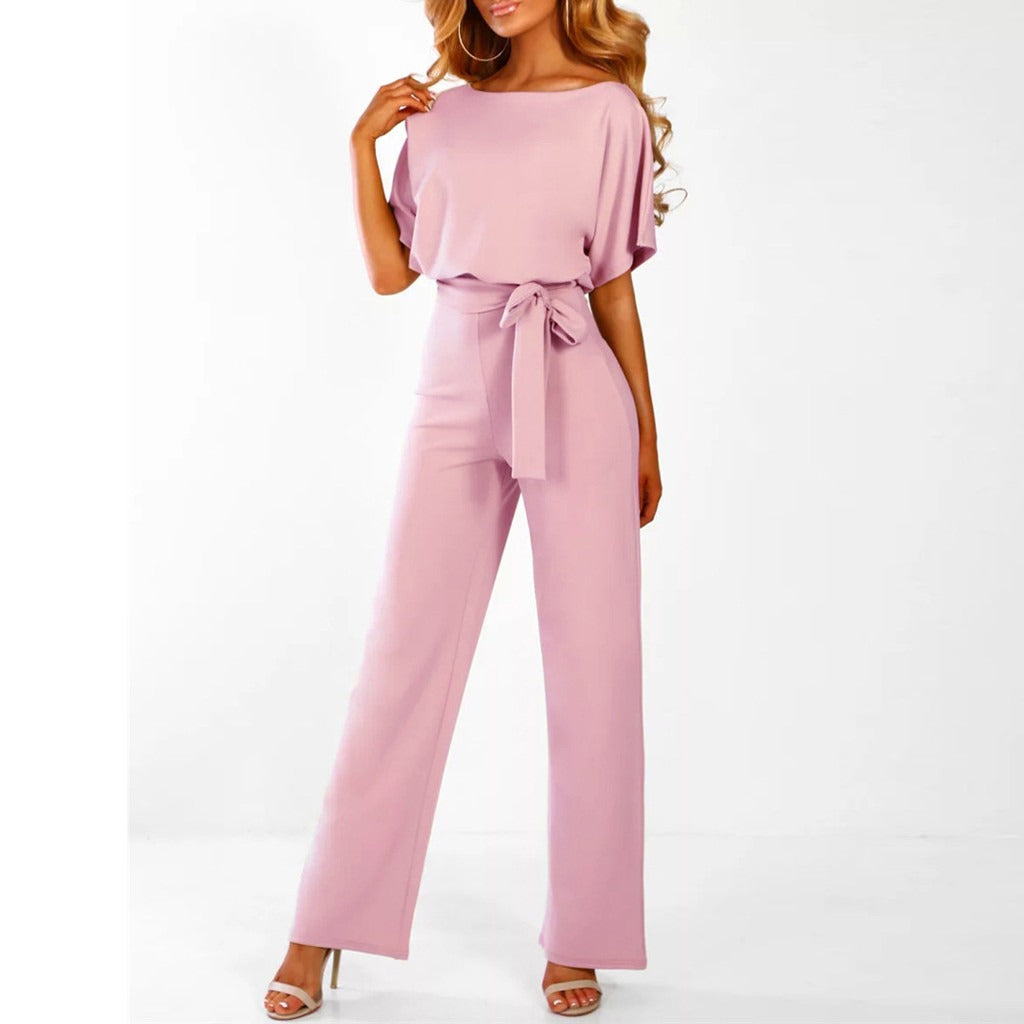 Elegant Ladies' Jumpsuit with Short Sleeves and Waist Belt for Comfortable and Stylish