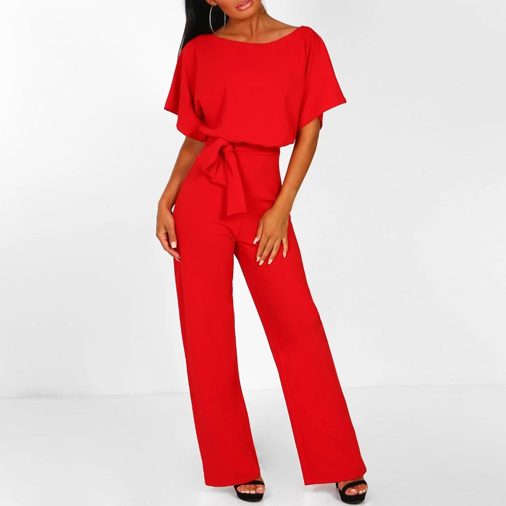 Elegant Ladies' Jumpsuit with Short Sleeves and Waist Belt for Comfortable and Stylish