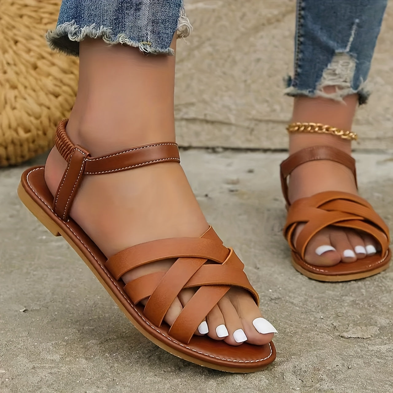 Sandals with Elegant Ladies' Crossed Straps and Comfortable Flat Sole