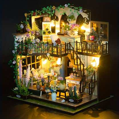 DIY Miniature Greenhouse House with Lighting for Handmade 3D Puzzle for Creative Decoration