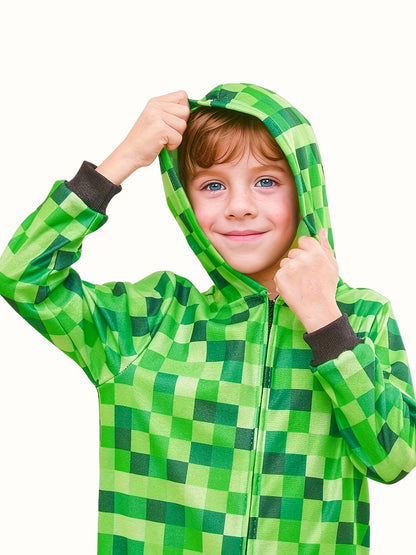 Minecraft Inspired Green Checkered Onesie for Kids for Perfect for Halloween and Parties
