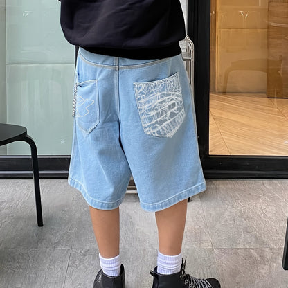 Casual Bermuda Denim Shorts for Loose Fit with Stylish Floral Embroidery