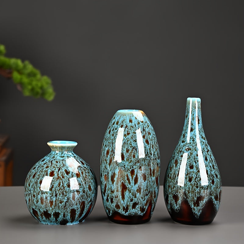 Vases with Set of Three Ceramic Mini Blue Glazed Texture
