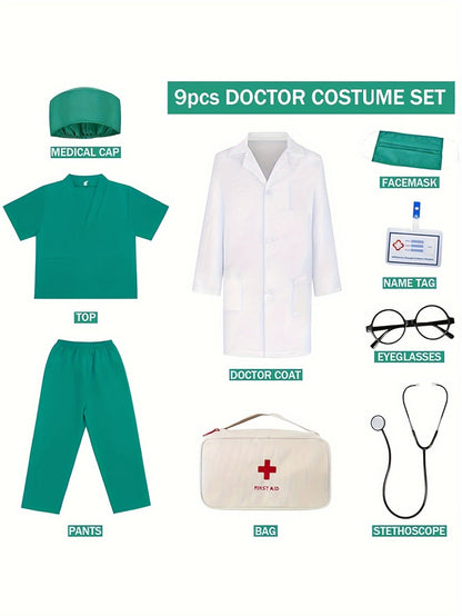 Set Kids Doctor Costume for 9-Piece Set with Stethoscope and First Aid Bag