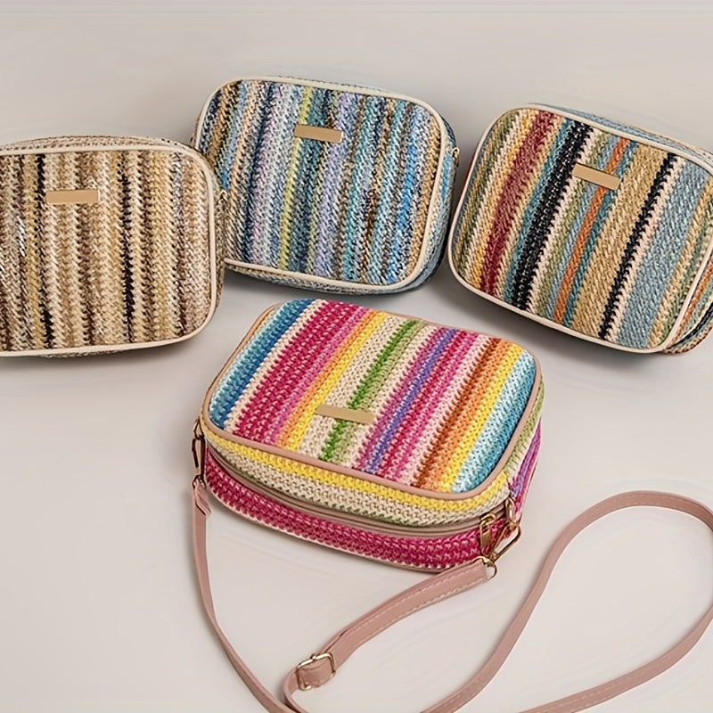 Bag with Shoulder Women Striped Woven Design with Zip Closure