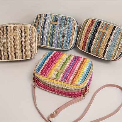 Bag with Shoulder Women Striped Woven Design with Zip Closure