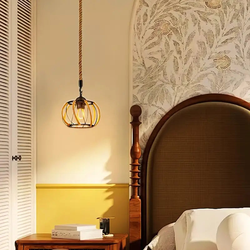 Industrial Pendant Light with Braided Rope and Metal Frame for Interior