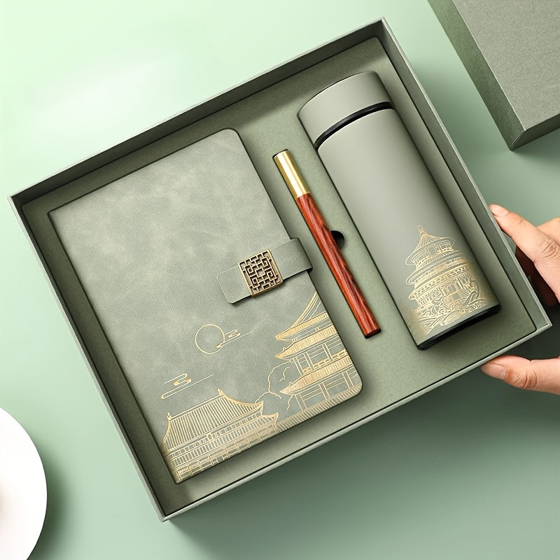 Set with Exclusive Gift Forbidden City for Notebook, Thermos Bottle, and Pen in Box