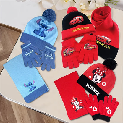 Set with Winter Design for Kids for Beanie, Gloves, and Scarf Set with Cartoon Characters