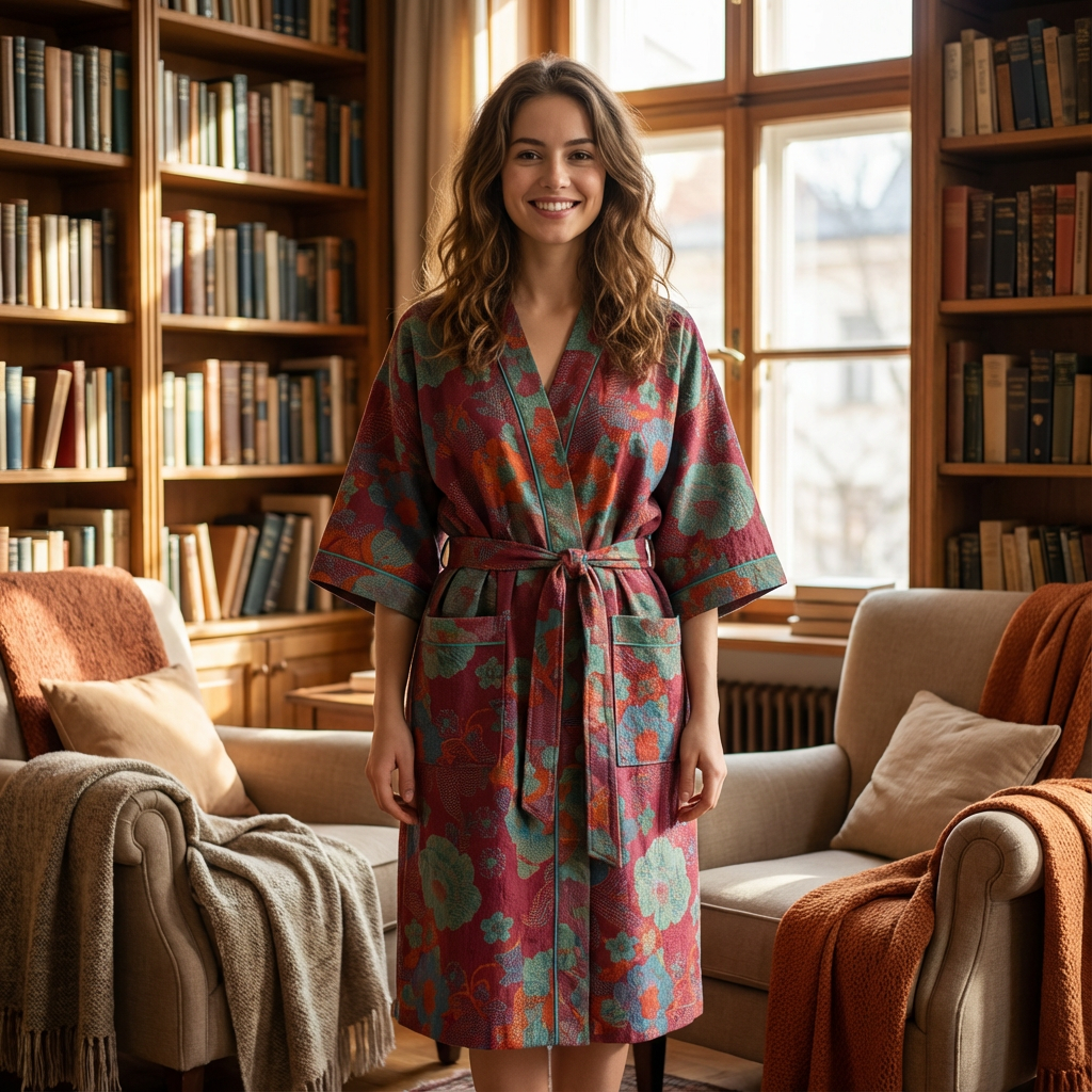 Ladies' Kimono Bathrobe with Botanical Pattern in Organic Cotton