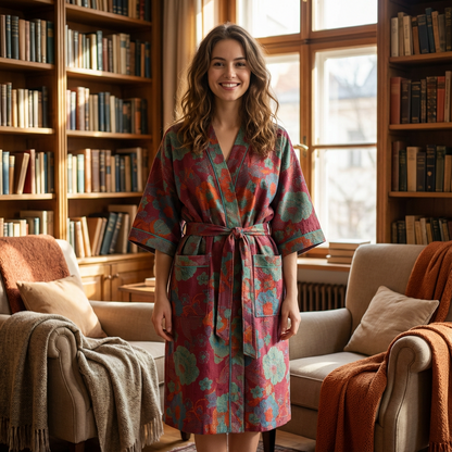Ladies' Kimono Bathrobe with Botanical Pattern in Organic Cotton