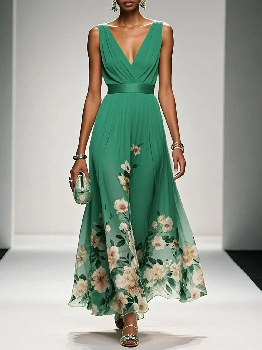 Ladies' Summer Dress with Floral Print and V-Neck for Weddings