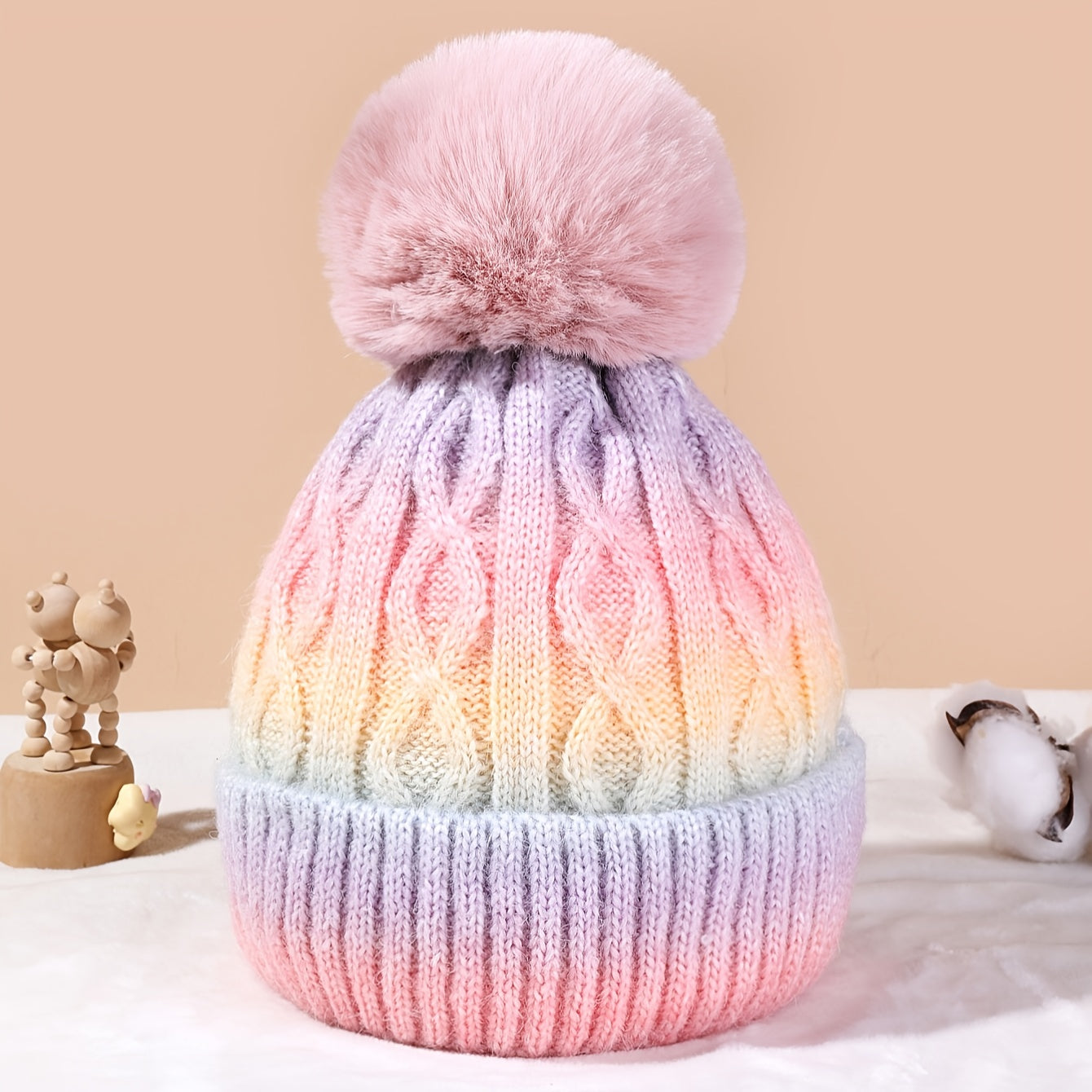 Lana Rainbow Beanie for Girls for Knitted Hat with Pom Pom and Thick Material for Winter
