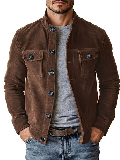 Stand with Men's Casual Jacket with Buttons and Up Collar for Vintage Work Jacket