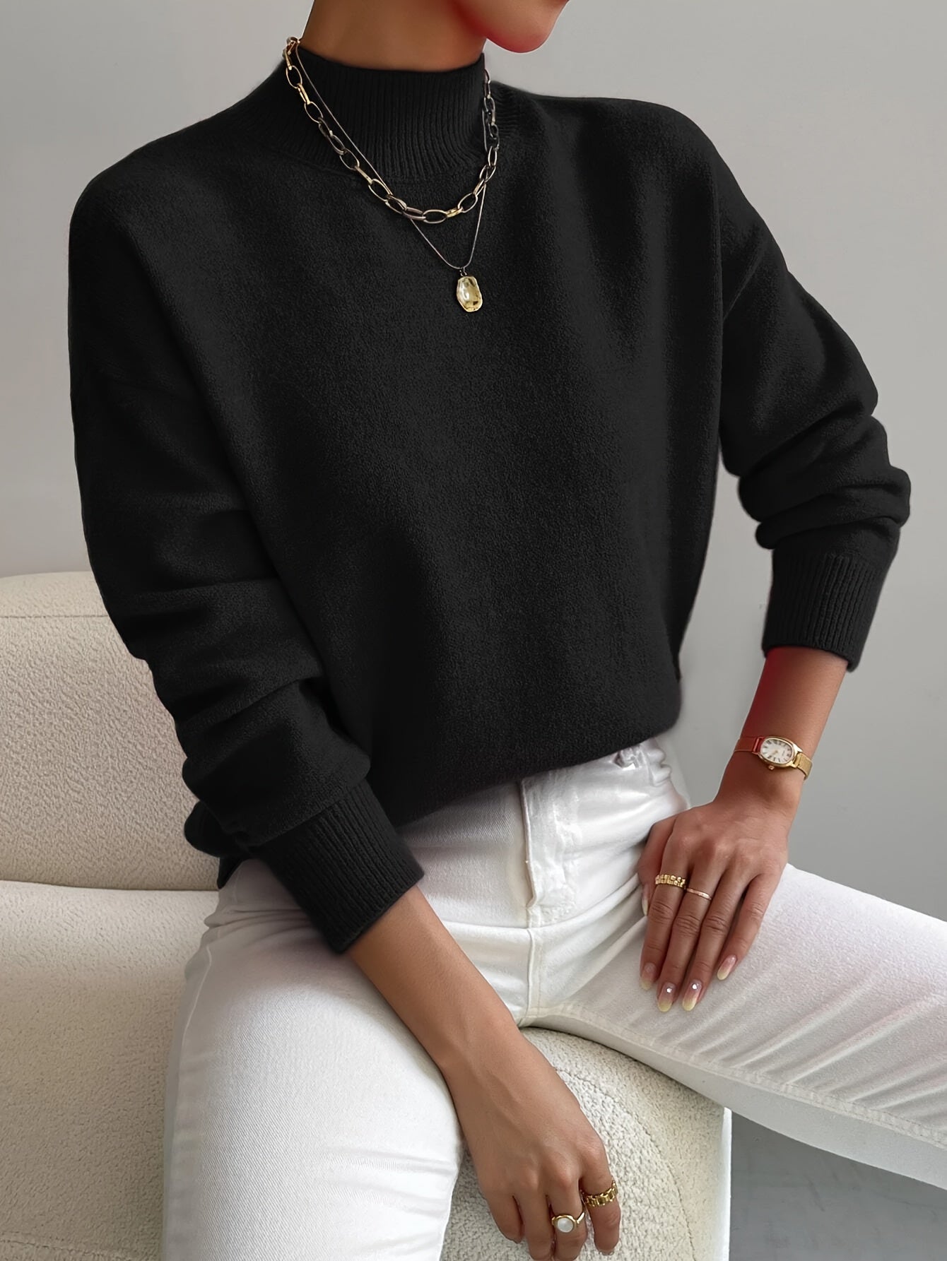 Ladies' Knitted Jumper with a High Neck and Long Sleeves for Autumn Winter