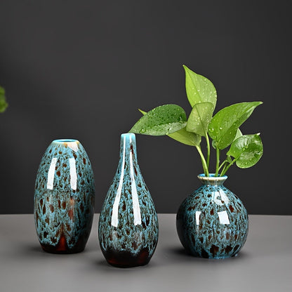Vases with Set of Three Ceramic Mini Blue Glazed Texture