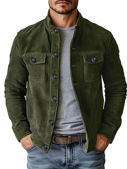 Stand with Men's Casual Jacket with Buttons and Up Collar for Vintage Work Jacket