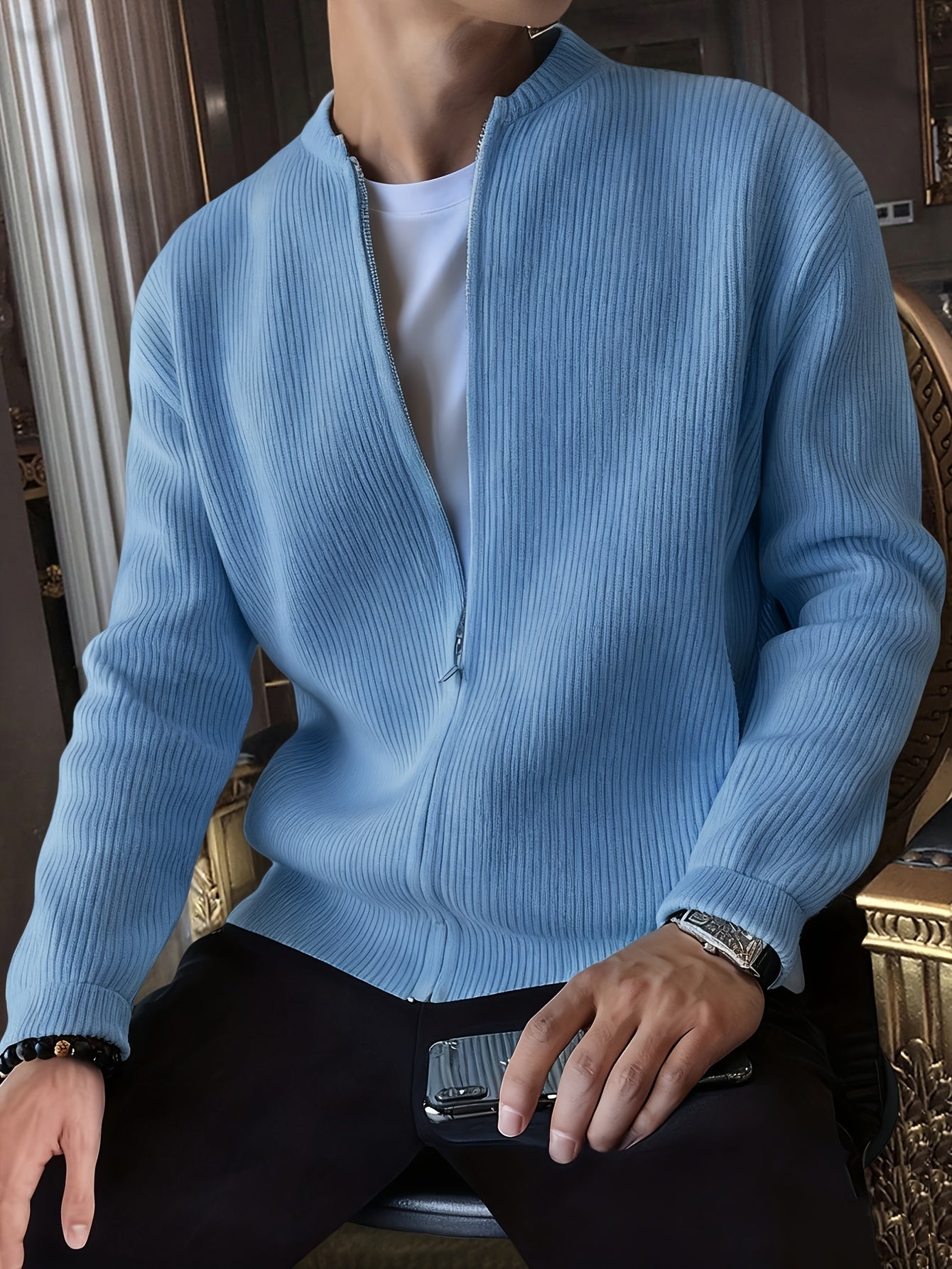Men's Ribbed Zip-Up Cardigan for Relaxed Fit for Autumn and Winter
