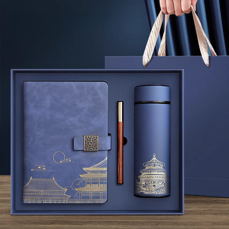 Set with Exclusive Gift Forbidden City for Notebook, Thermos Bottle, and Pen in Box