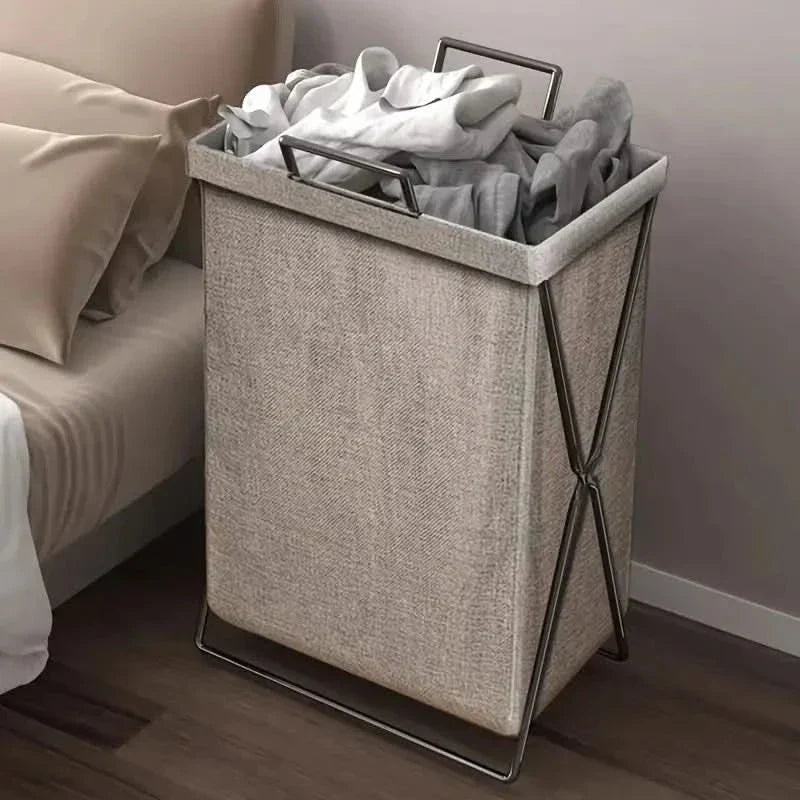 Basket with Foldable Laundry Metal Frame and Woven Fabric Storage Bag