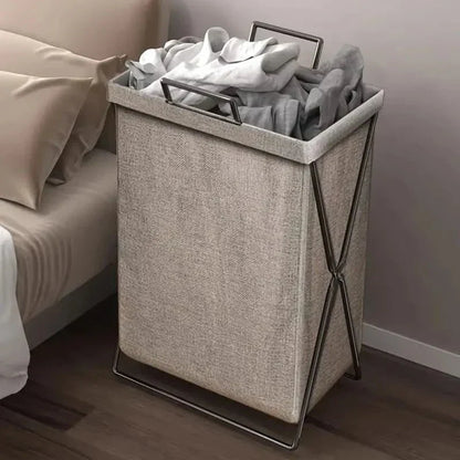 Basket with Foldable Laundry Metal Frame and Woven Fabric Storage Bag