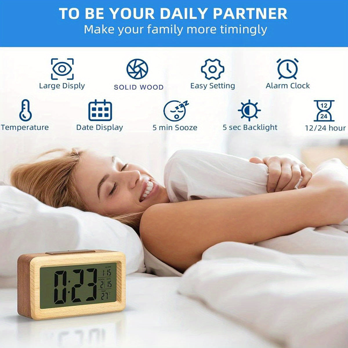 Clock Wooden Digital Alarm for LED Display with Temperature and Date