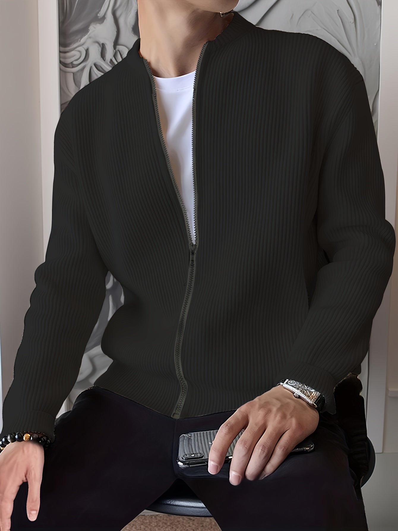 Men's Ribbed Zip-Up Cardigan for Relaxed Fit for Autumn and Winter