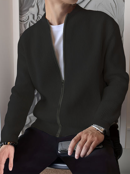 Men's Ribbed Zip-Up Cardigan for Relaxed Fit for Autumn and Winter
