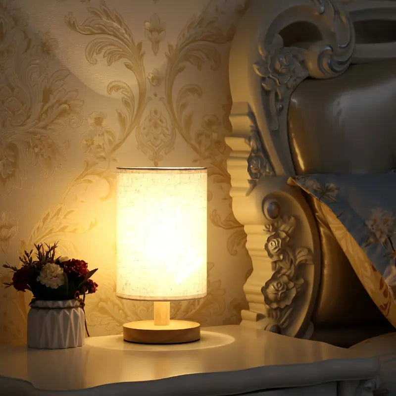Minimalist Table Lamp with Wooden Base and Fabric Shade for Atmospheric Light