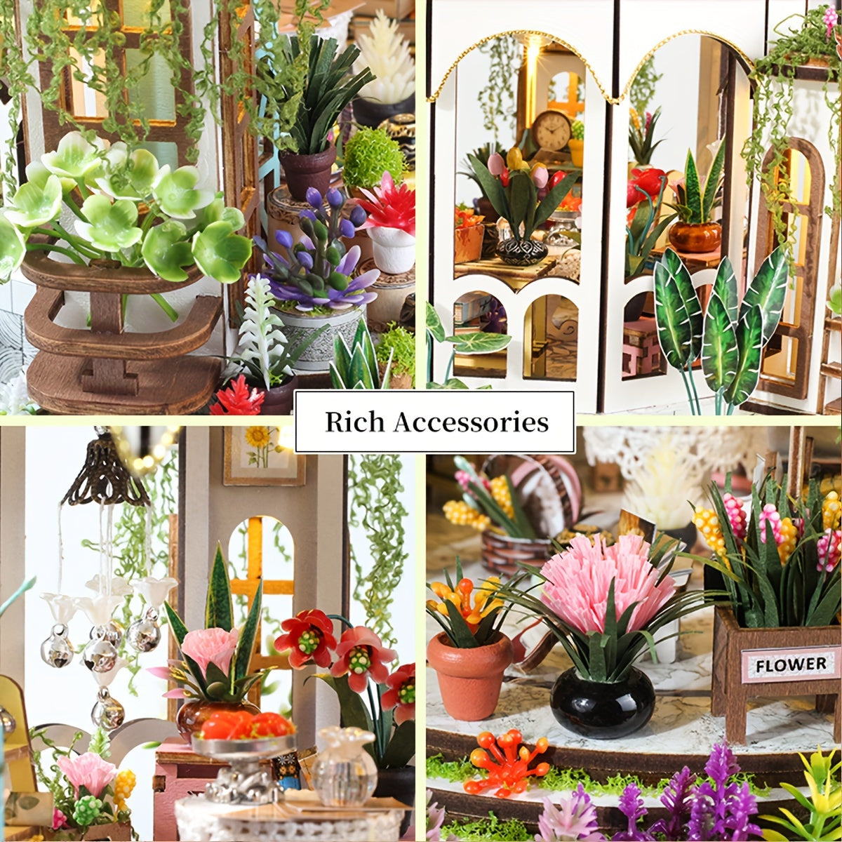 Miniature Flower House for 3D Wooden Puzzle with LED Lighting and Detailed Garden