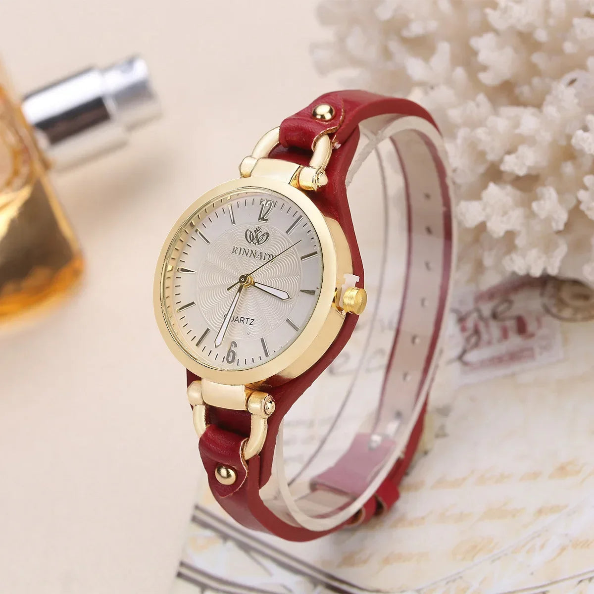 Watch with Ladies' Quartz Engraved Dial and Vegan Leather Strap