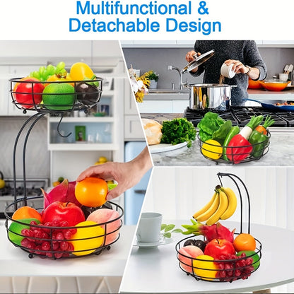 Holder 2-Tier Fruit Bowl with Banana for Metal Kitchen Organiser