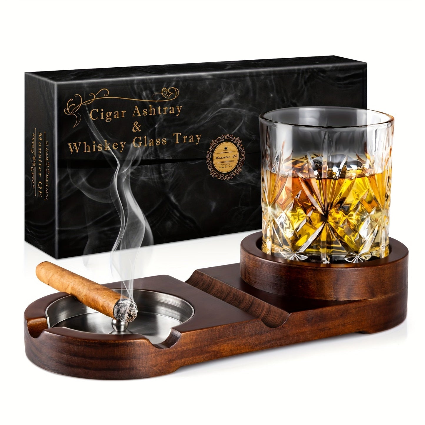 Whiskey Glass with Creative Cigar Ashtray and Tray