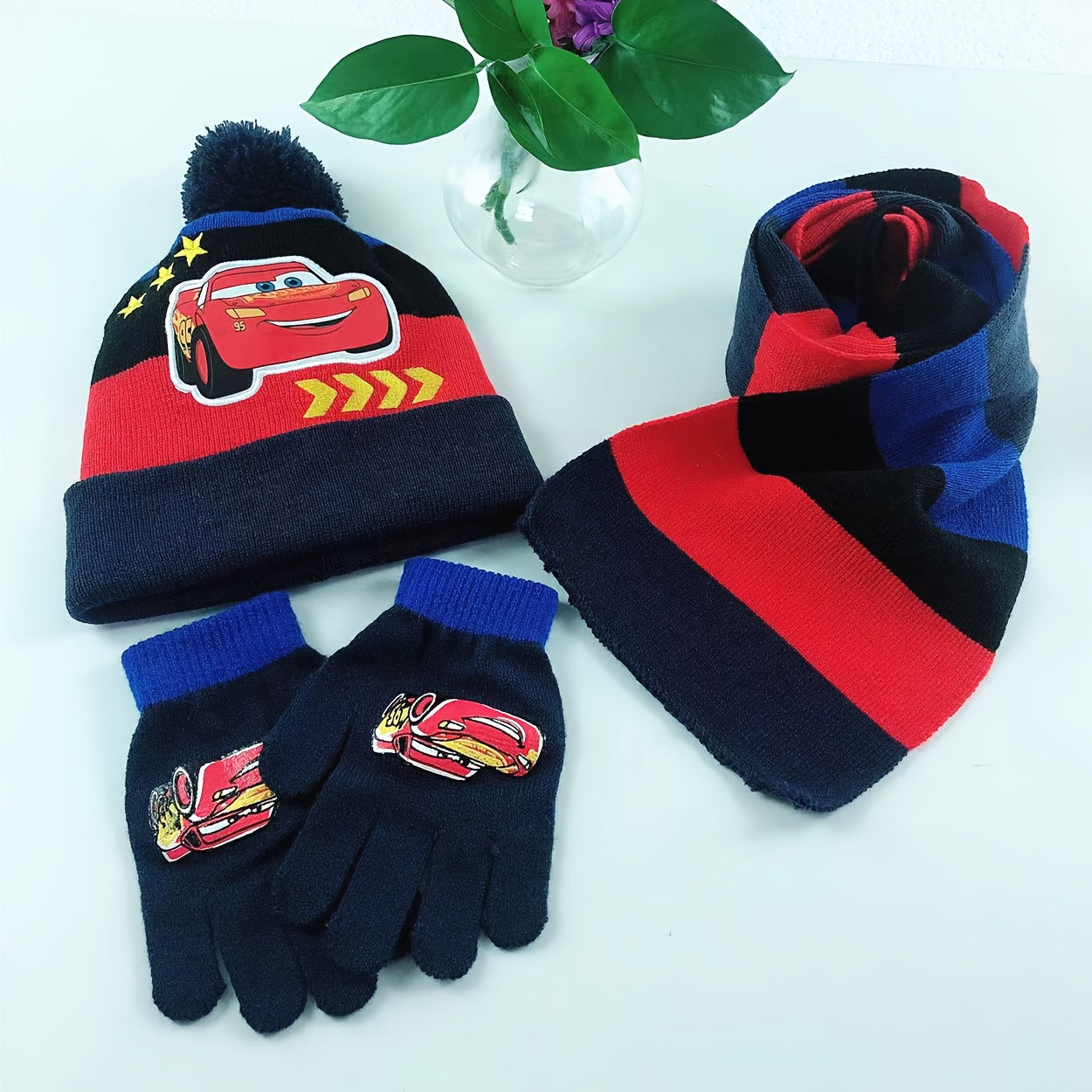 Set with Winter Design for Kids for Beanie, Gloves, and Scarf Set with Cartoon Characters