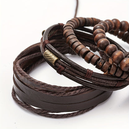 Bracelets with Stylish Leather and Wooden Set for the Modern Man