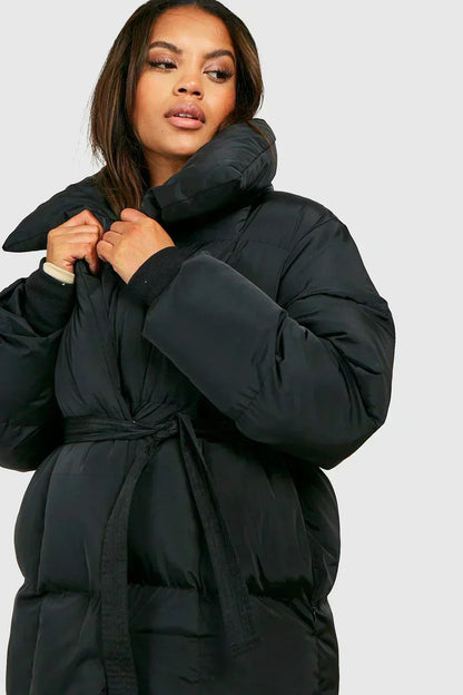Stand with Ladies Padded Winter Jacket with Belt and Up Collar with Warm and Stylish Design