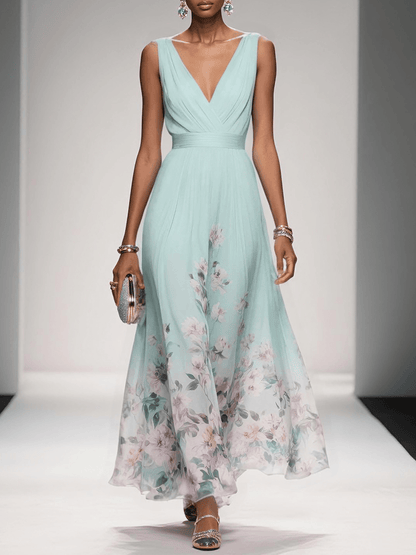 Ladies' Summer Dress with Floral Print and V-Neck for Weddings