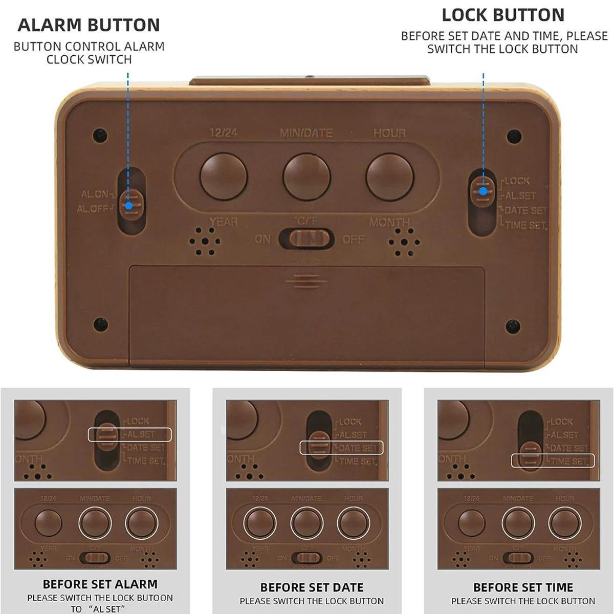 Clock Wooden Digital Alarm for LED Display with Temperature and Date