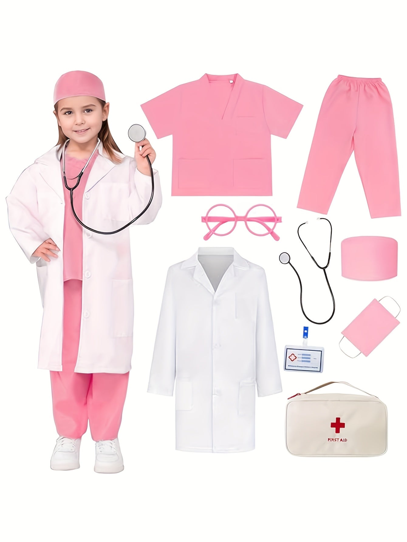 Set Kids Doctor Costume for 9-Piece Set with Stethoscope and First Aid Bag