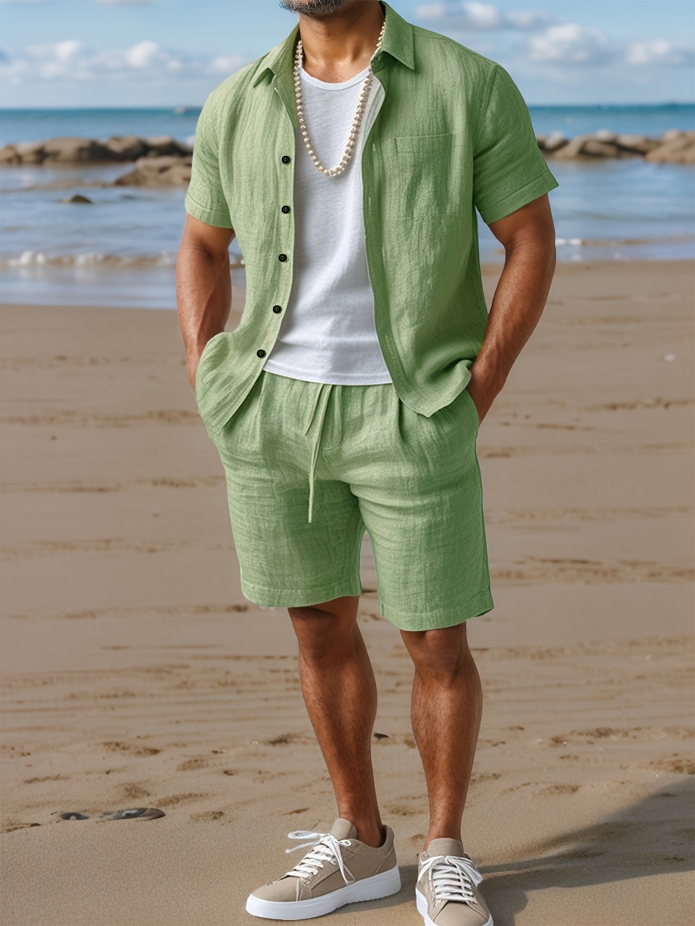 Set with Linen Summer Design for Men with Short Sleeve Shirt and Comfortable Shorts
