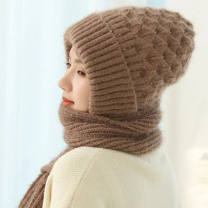 Knitted Winter Hat with Integrated Scarf with 2-in-1 Design