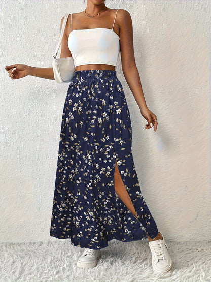 Elegant Summer Maxi Skirt with Floral Print and Airy Split for Women