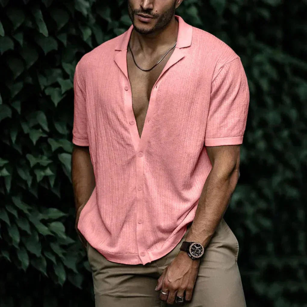 Linen Shirt for Men with Button Closure and Breathable Knit