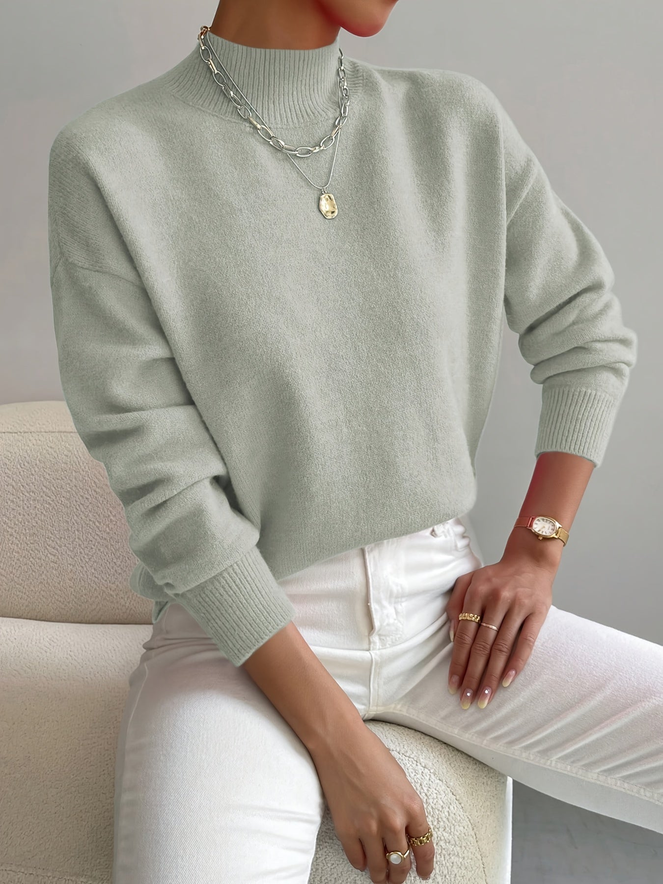 Ladies' Knitted Jumper with a High Neck and Long Sleeves for Autumn Winter