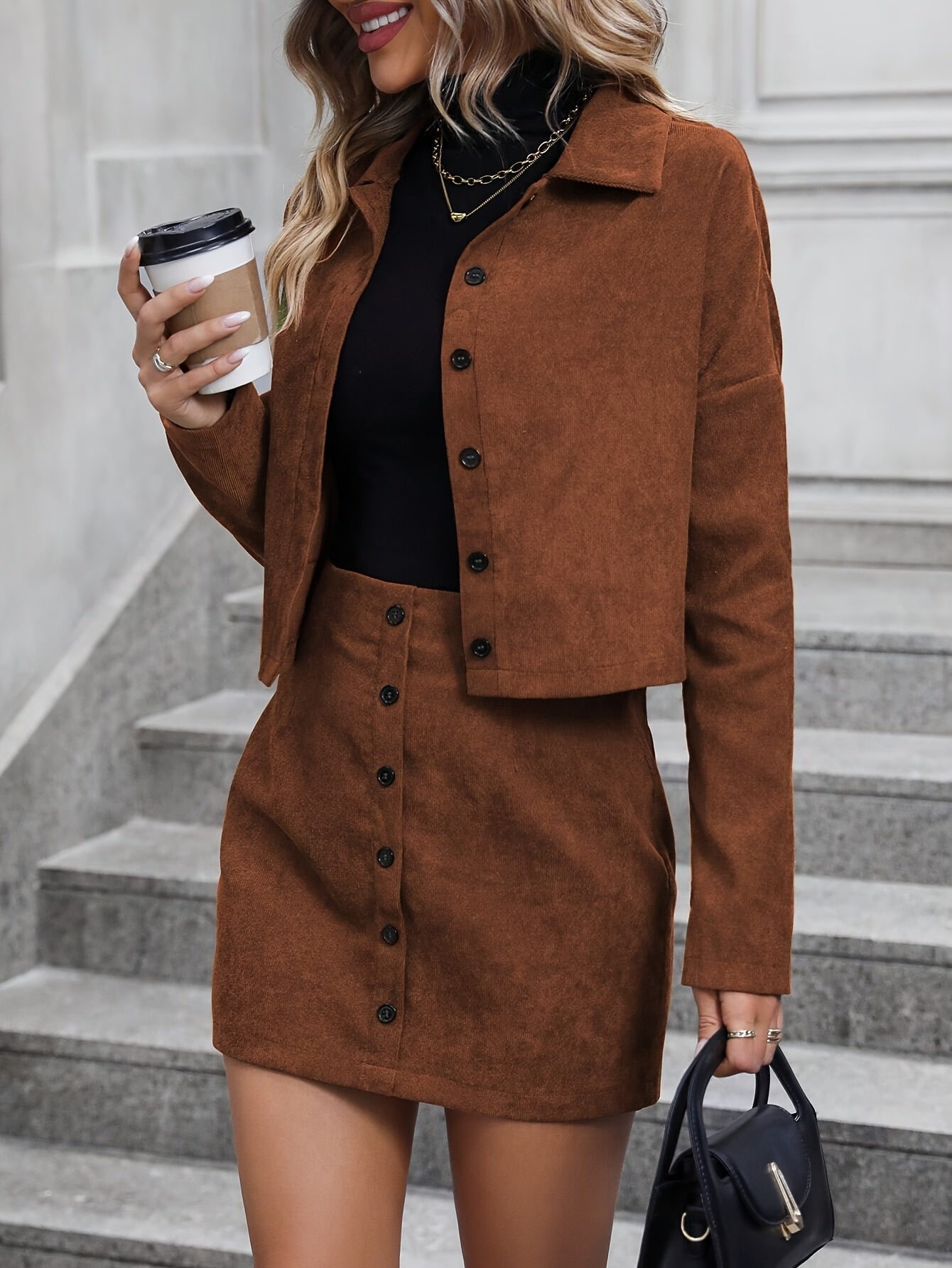 Set with Elegant Corduroy Women's Jacket and Skirt for Stylish for Spring & Autumn
