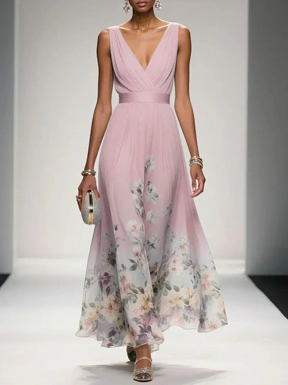 Ladies' Summer Dress with Floral Print and V-Neck for Weddings