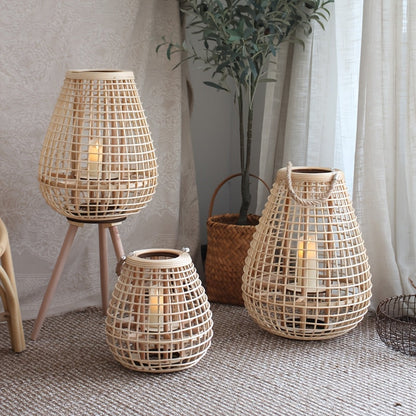 Lantern with Handwoven Rattan Candle Holder for Loose Decorative Piece