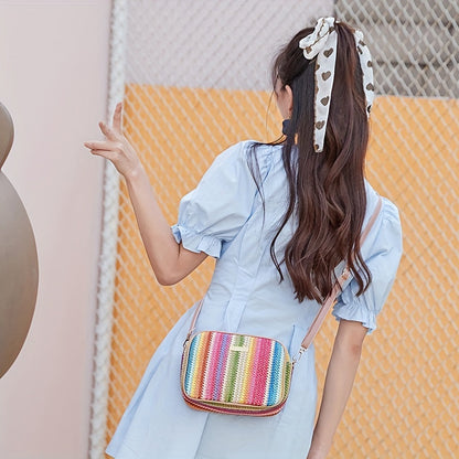 Bag with Shoulder Women Striped Woven Design with Zip Closure