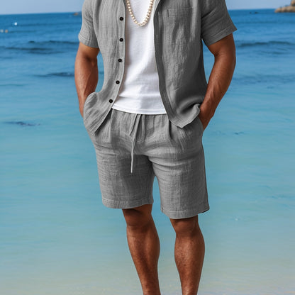 Set with Linen Summer Design for Men with Short Sleeve Shirt and Comfortable Shorts